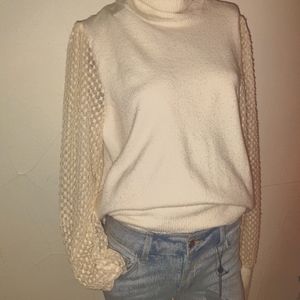 XL MARLED SHEER SLEEVE TURTLENECK SWEATER IN CREAM